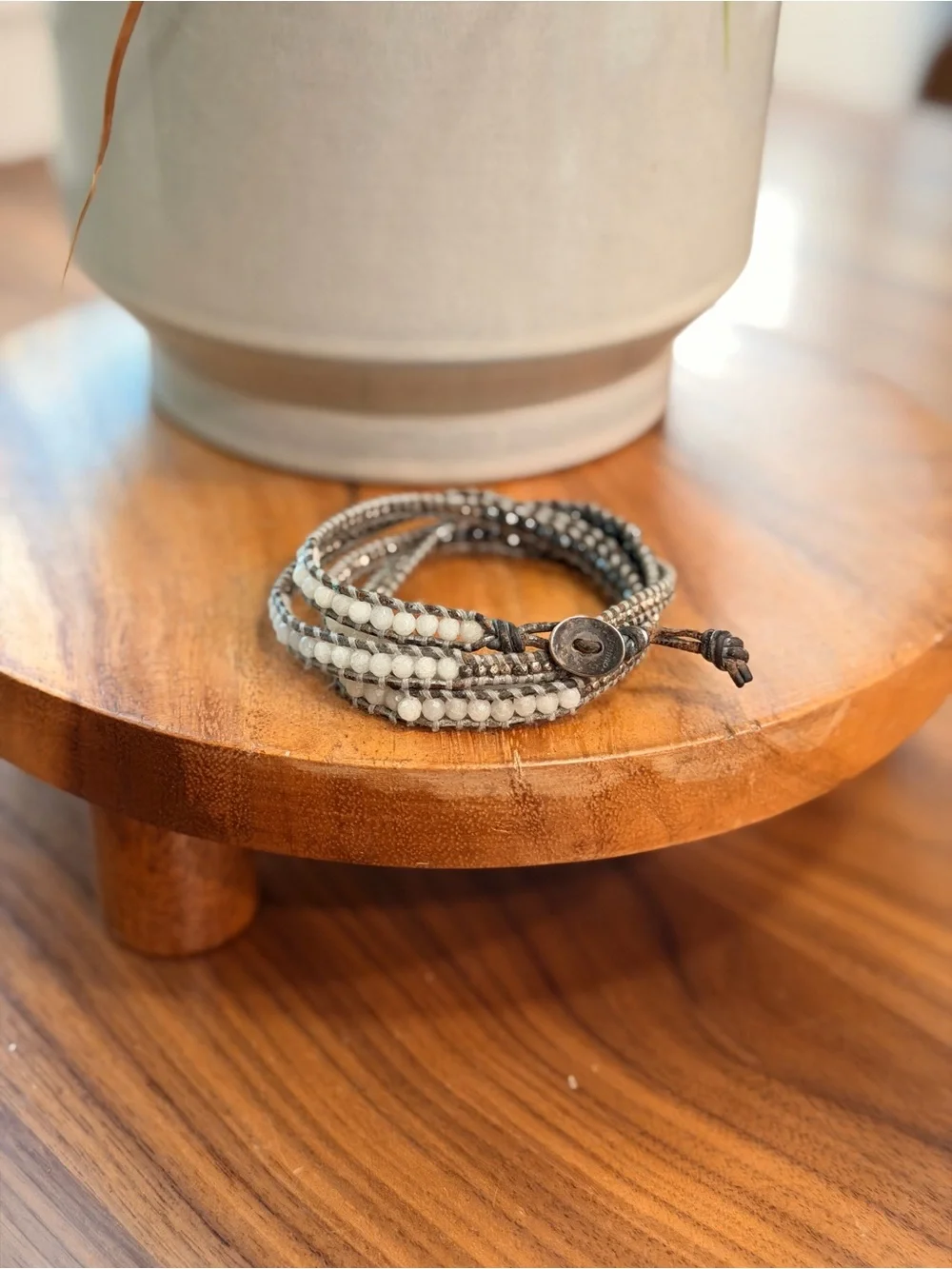 Chan Luu Wrap Bracelet Silver Tone and White Faceted Beads Gray and Brown